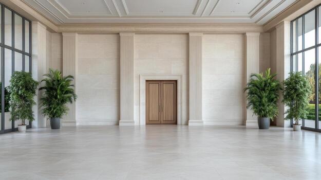 Spacious commercial lobby with floor-to-ceiling windows, stone walls, and indoor plants