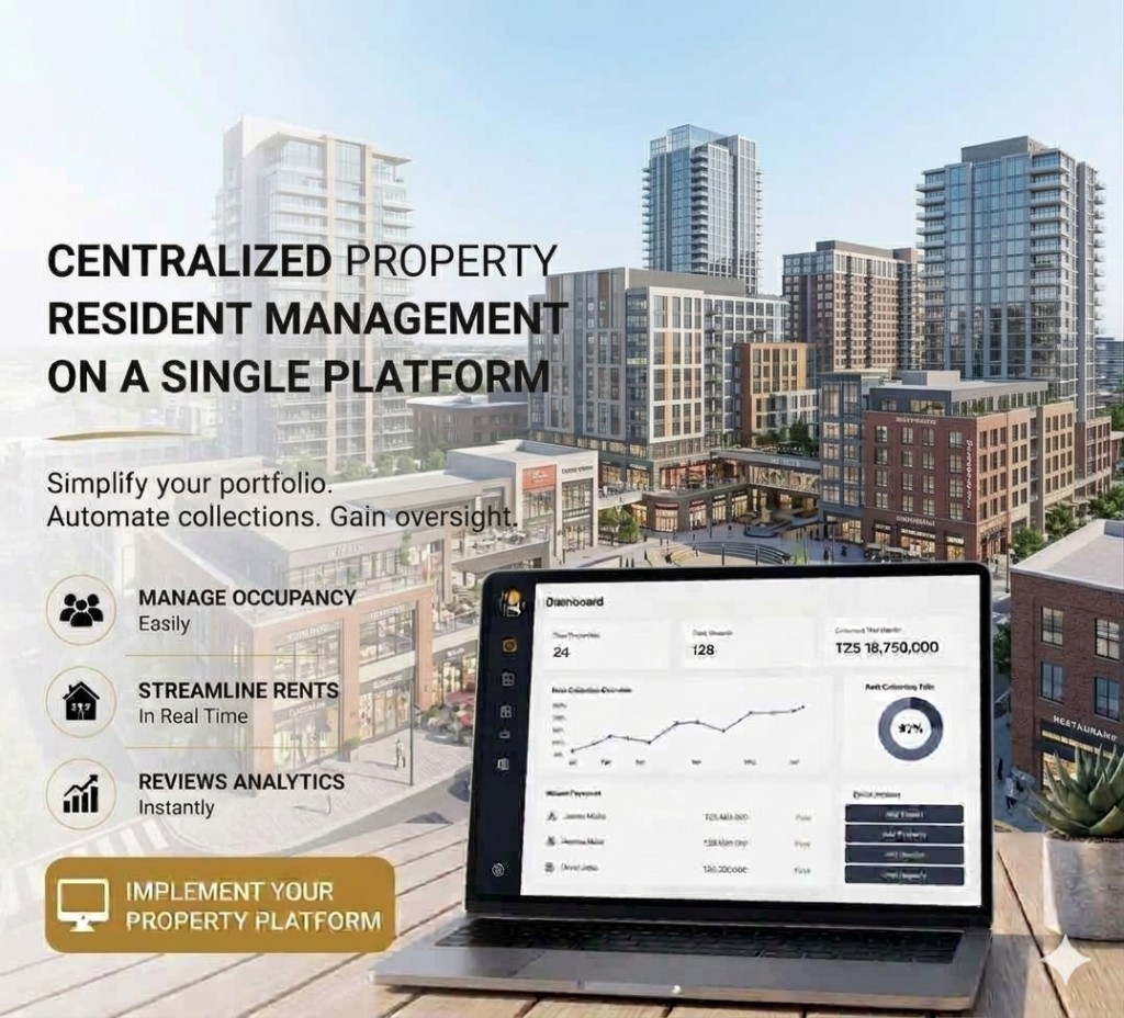 Centralized property resident management platform dashboard showing occupancy, rent collection, and analytics