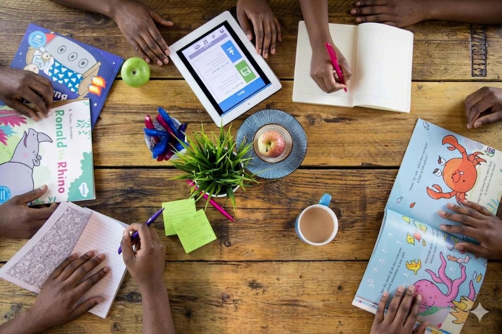 People collaborating around a table with children's books, notebooks, and a tablet